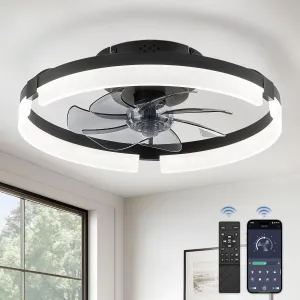 LEDIARY Ceiling Fans with Lights and Remote, 19.7 Inch Low Profile Ceiling Fan, 6 Speeds, Reversible, Dimmable Flush Mount Fan Light,Modern & Bladeless Ceiling Fan with Light for Bedroom, Black Small bladeless fan for quiet cooling
