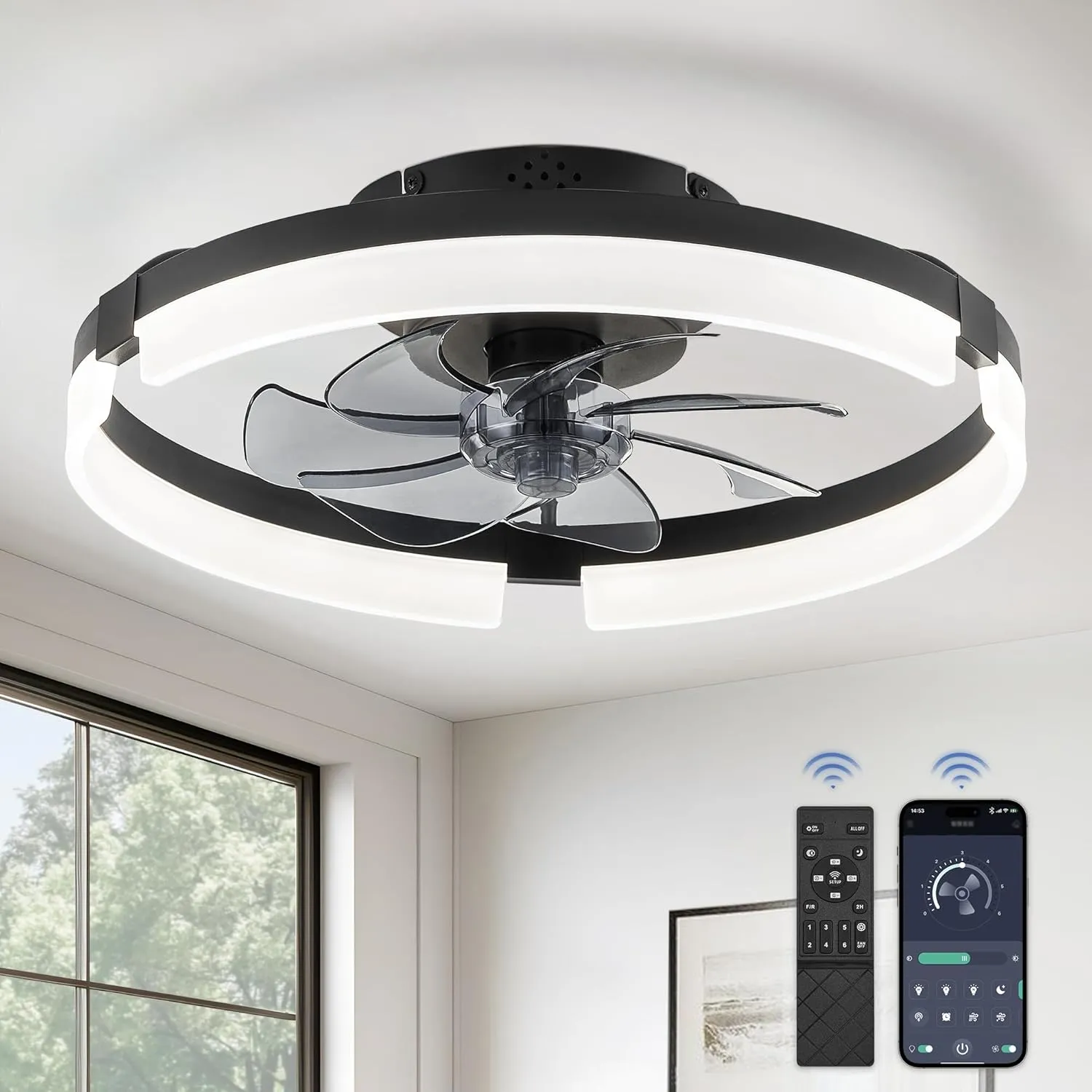 LEDIARY Ceiling Fans with Lights and Remote, 19.7 Inch Low Profile Ceiling Fan, 6 Speeds, Reversible, Dimmable Flush Mount Fan Light,Modern & Bladeless Ceiling Fan with Light for Bedroom, Black Small bladeless fan for quiet cooling