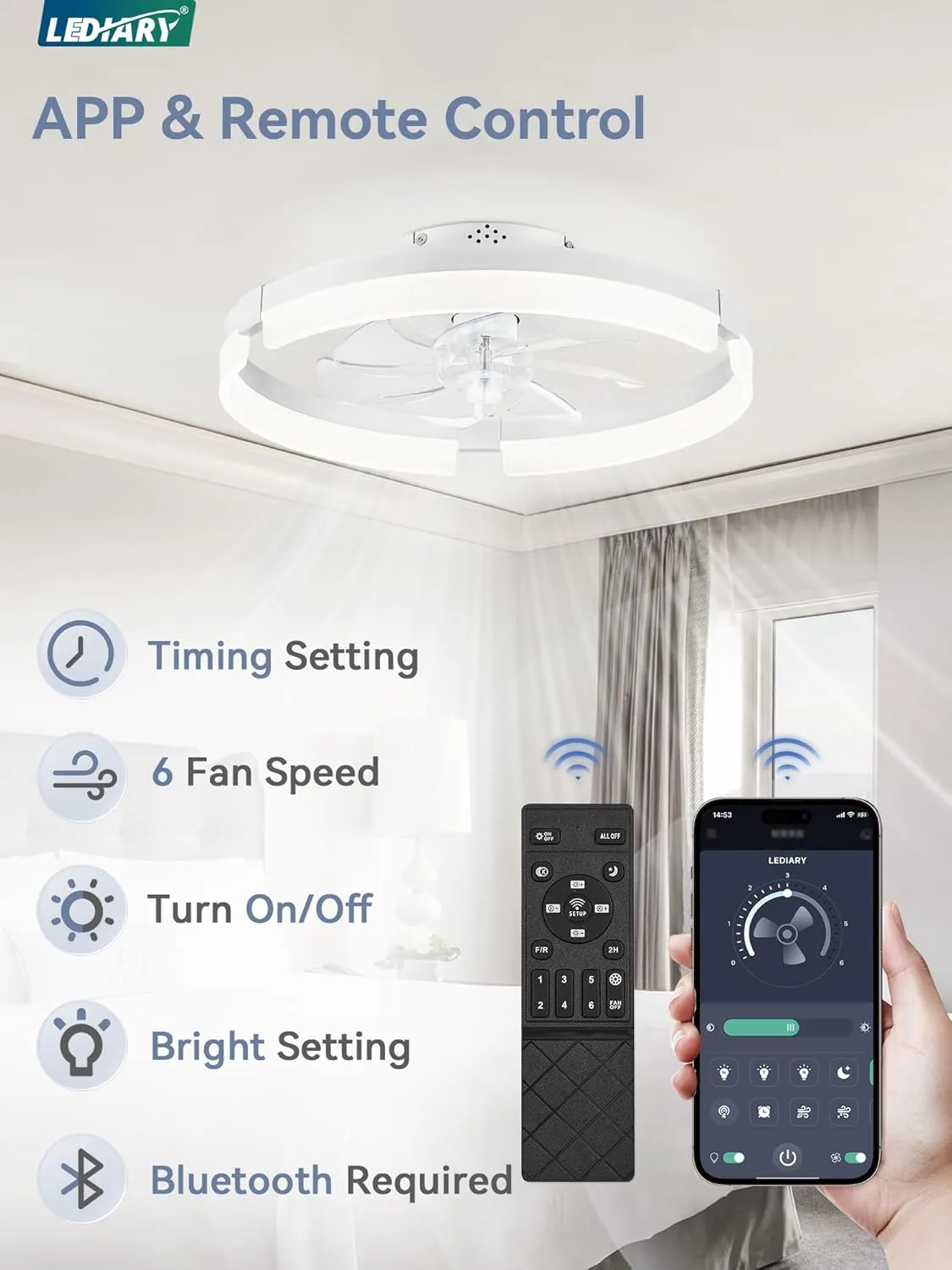 LEDIARY Ceiling Fans with Lights and Remote, 19.7 Inch Low Profile Ceiling Fan, 6 Speeds, Reversible, Dimmable Flush Mount Fan Light,Modern & Bladeless Ceiling Fan with Light for Bedroom, White