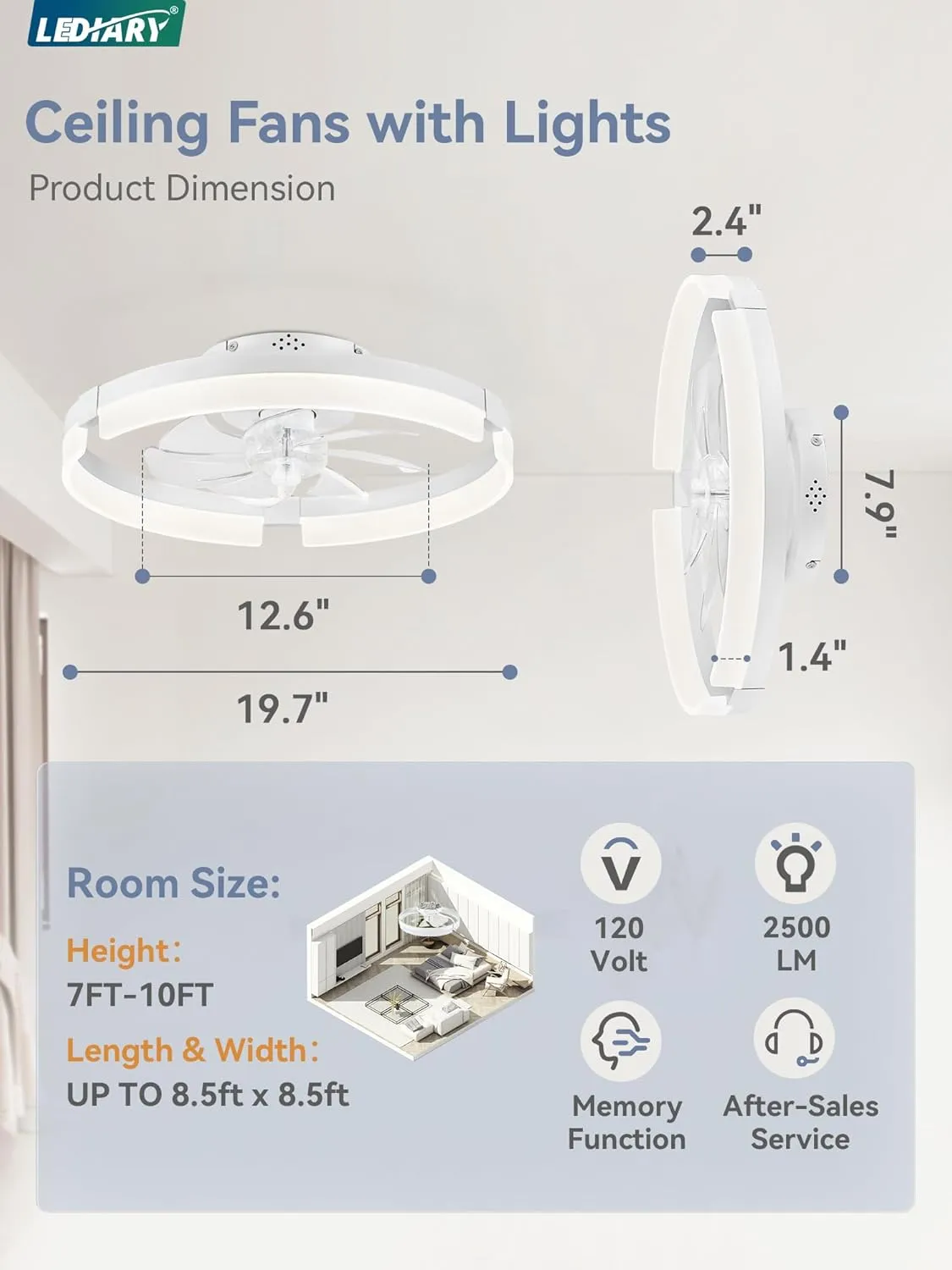 LEDIARY Ceiling Fans with Lights and Remote, 19.7 Inch Low Profile Ceiling Fan, 6 Speeds, Reversible, Dimmable Flush Mount Fan Light,Modern & Bladeless Ceiling Fan with Light for Bedroom, White