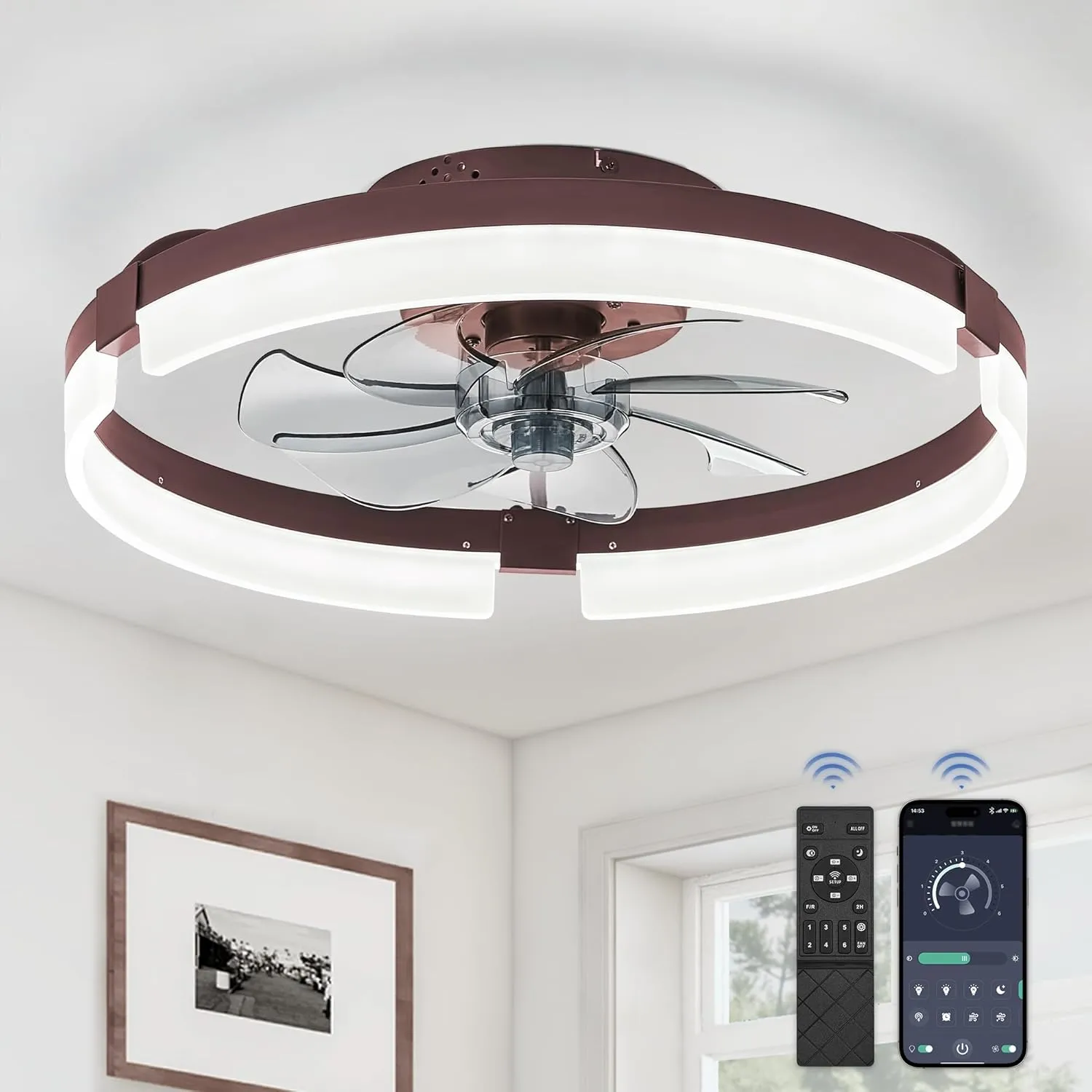 LEDIARY Ceiling Fans with Lights and Remote, 19.7 Inch Low Profile Ceiling Fan, 6 Speeds, Reversible, Dimmable Flush Mount Fan Light,Modern Ceiling Fan with Light for Bedroom, Brown Small bladeless fan for quiet cooling