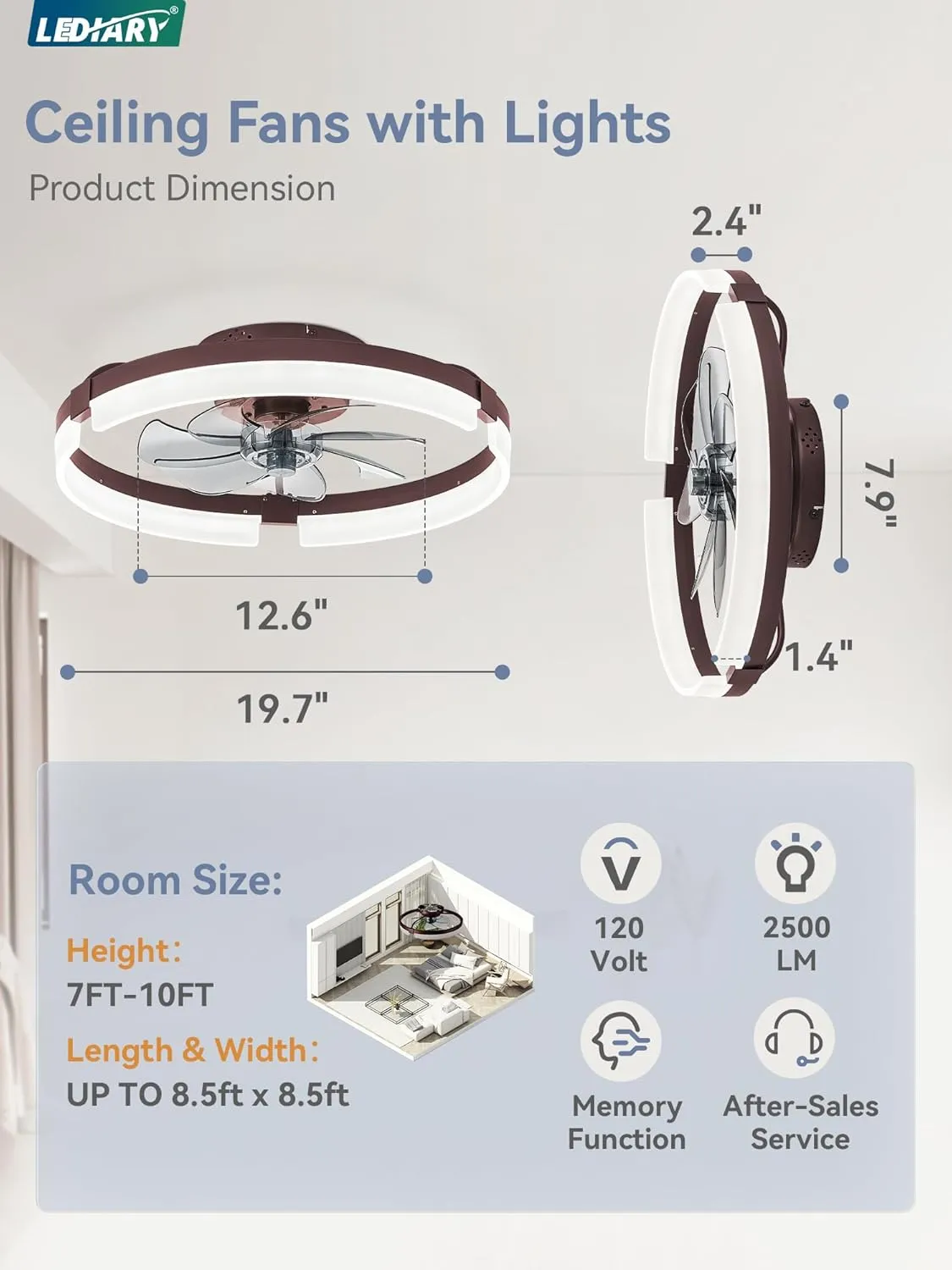 LEDIARY Ceiling Fans with Lights and Remote, 19.7 Inch Low Profile Ceiling Fan, 6 Speeds, Reversible, Dimmable Flush Mount Fan Light,Modern Ceiling Fan with Light for Bedroom, Brown