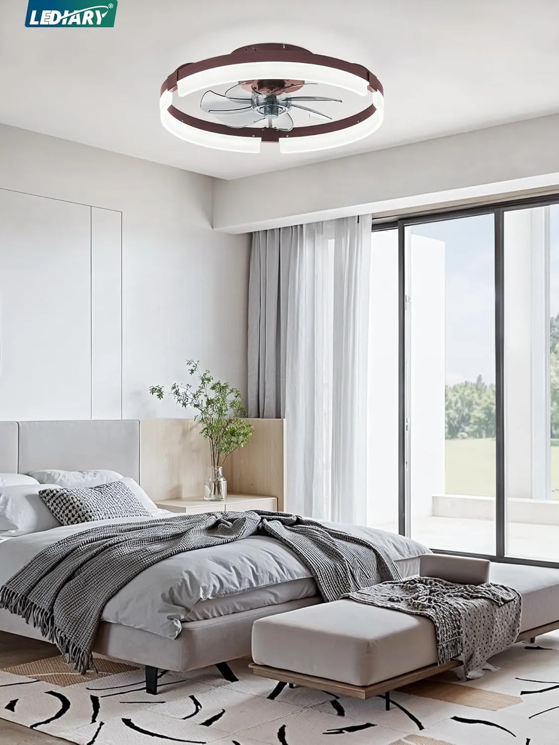 LEDIARY Ceiling Fans with Lights and Remote, 19.7 Inch Low Profile Ceiling Fan, 6 Speeds, Reversible, Dimmable Flush Mount Fan Light,Modern Ceiling Fan with Light for Bedroom, Brown