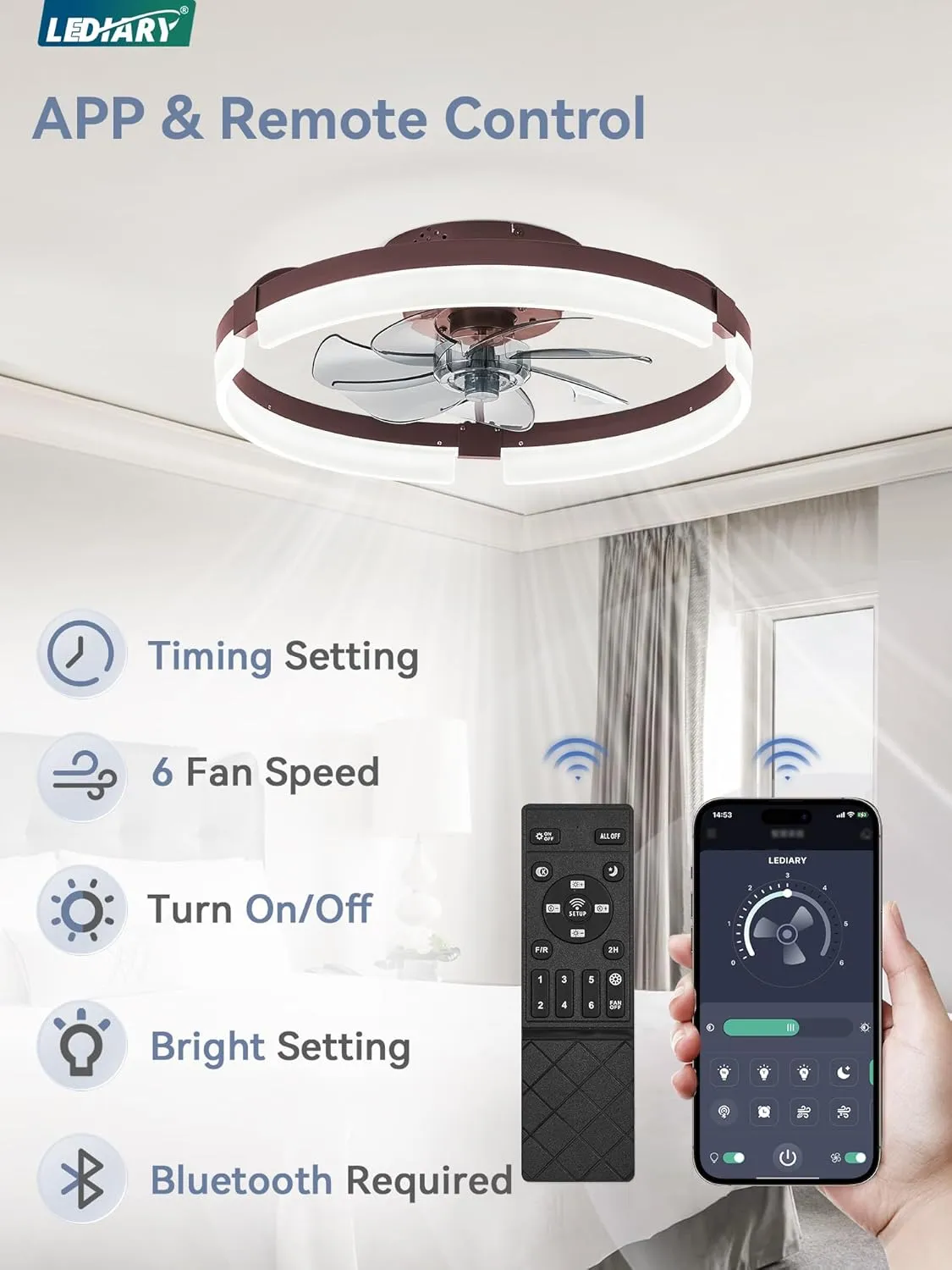 LEDIARY Ceiling Fans with Lights and Remote, 19.7 Inch Low Profile Ceiling Fan, 6 Speeds, Reversible, Dimmable Flush Mount Fan Light,Modern Ceiling Fan with Light for Bedroom, Brown