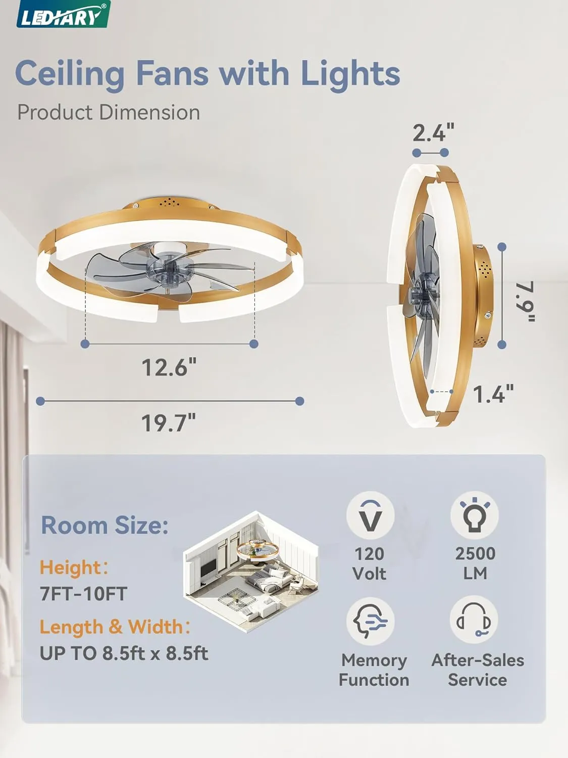 LEDIARY Ceiling Fans with Lights and Remote, 19.7 Inch Low Profile Ceiling Fan, 6 Speeds, Reversible, Dimmable Flush Mount Fan Light,Modern Ceiling Fan with Light for Bedroom, Gold