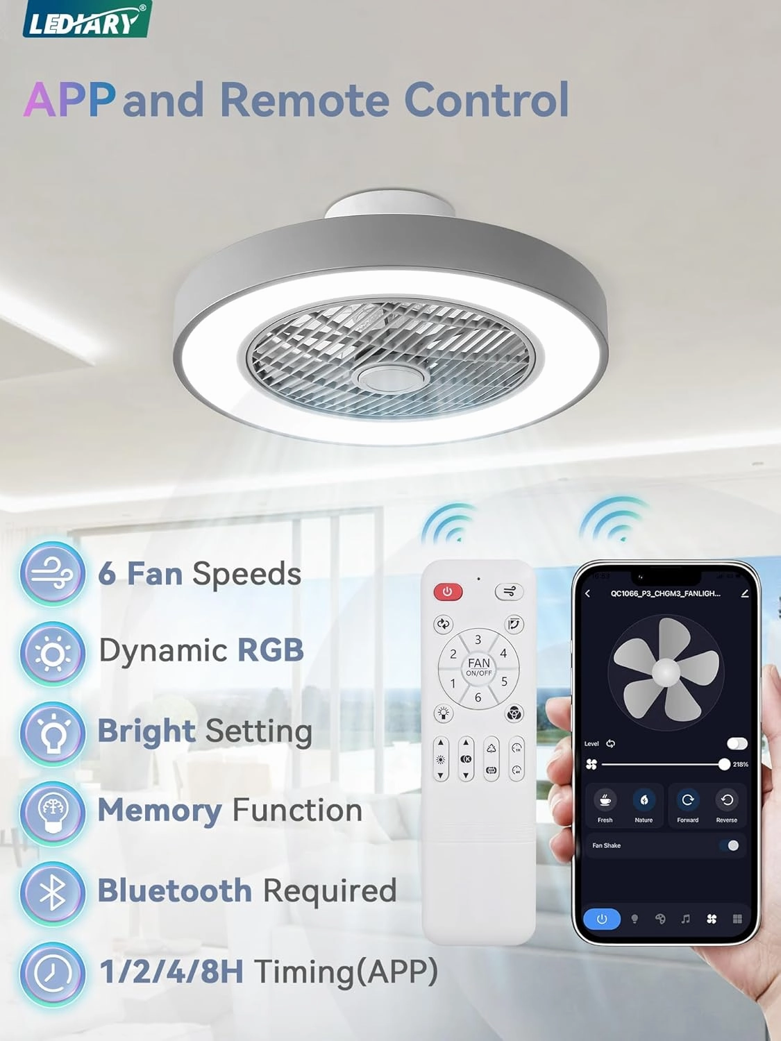 LEDIARY 20 Inch Low Profile Ceiling Fan with Light, Led Bladeless Ceiling Fan, Remote Control Enclosed Flush Mount Ceiling Fans with Timming, 3000-6000K, 6 Wind Speed, 3000LM, 57W-Grey RGB
