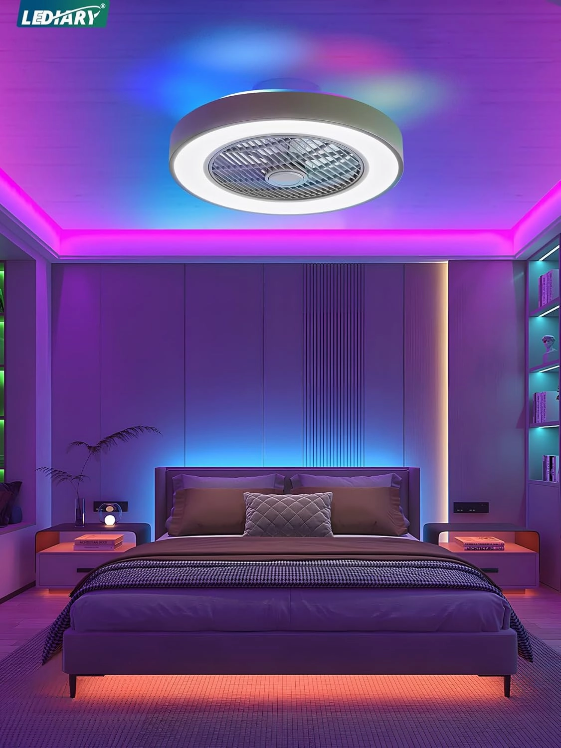 LEDIARY 20 Inch Low Profile Ceiling Fan with Light, Led Bladeless Ceiling Fan, Remote Control Enclosed Flush Mount Ceiling Fans with Timming, 3000-6000K, 6 Wind Speed, 3000LM, 57W-Grey RGB