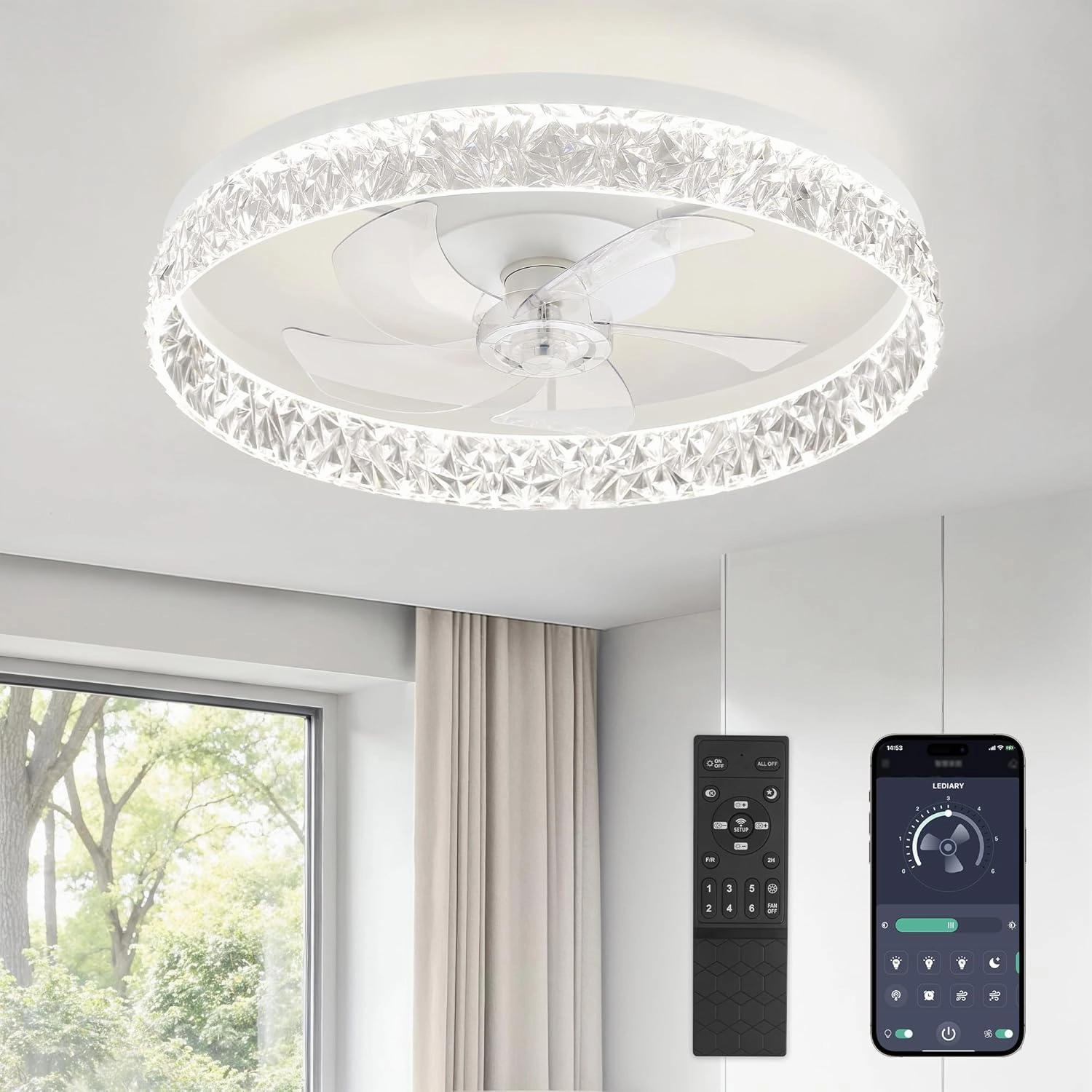 LEDIARY 22" Modern Ceiling Fans with Lights and Remote, Dimmable Low Profile Ceiling Fan, Flush Mount Ceiling Fan, Stepless Color Temperature Change and 6 Speeds - White App-controlled remote fan for convenience