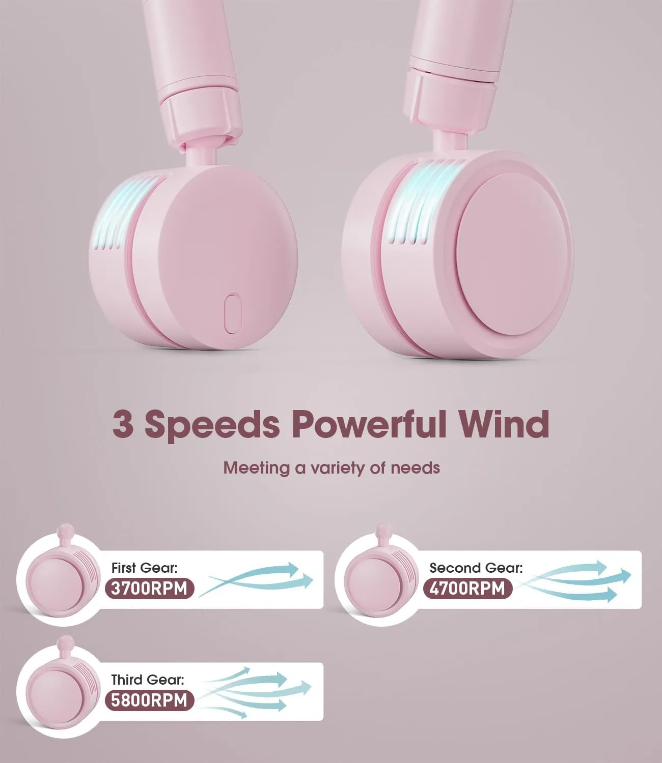 LEMOISTAR Portable Neck Fan, Hands Free Bladeless Fan, 360 Cooling Personal Fan, Battery USB Rechargeable 3 Speed Adjustable Wearable Fan for Outdoor Indoor Office Travel Sports Women(Pink)