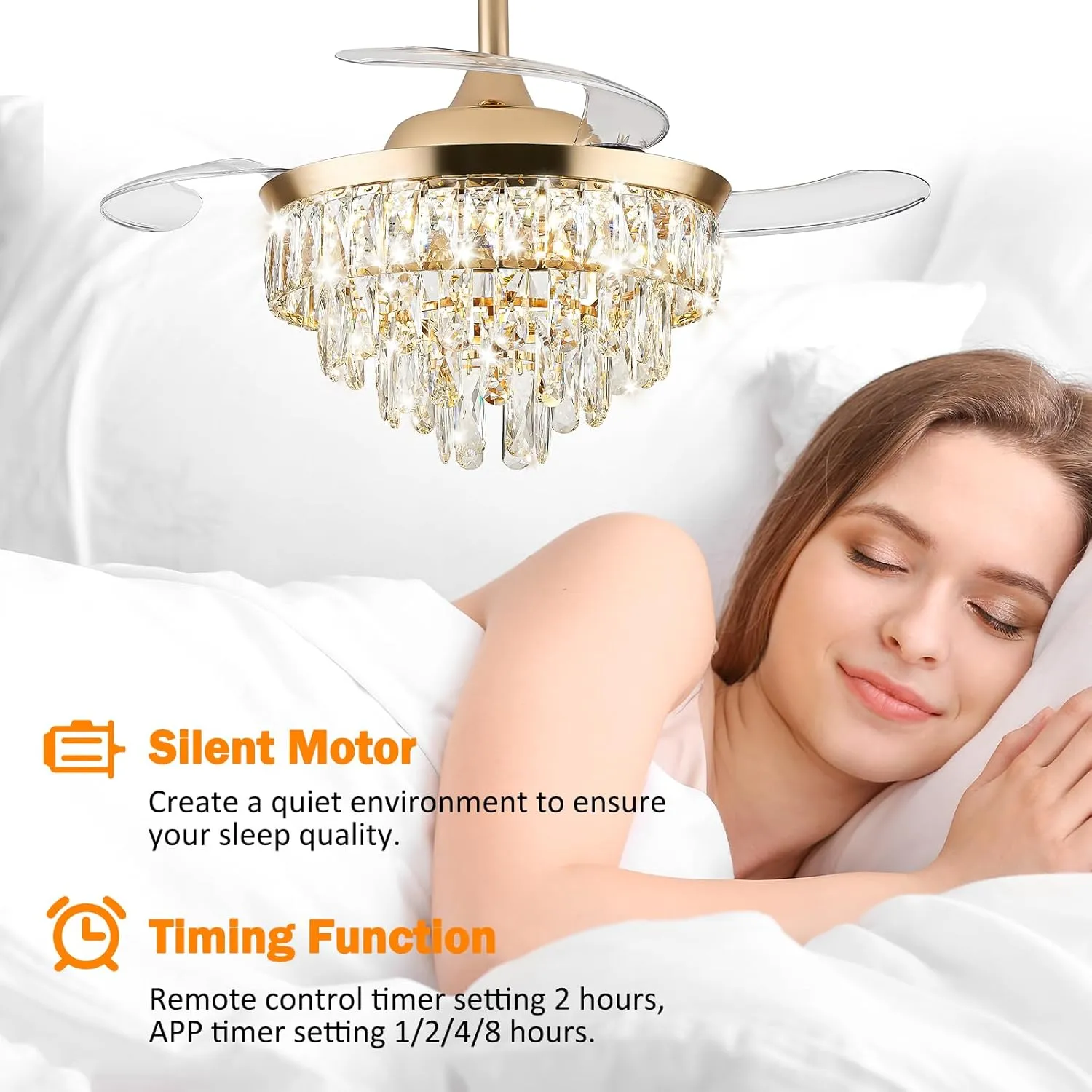 LEONTYNE 36 inch Modern Crystal Ceiling Fan with Lights and Remote LED Dimmable Fandelier Invisible Retractable Ceiling Fan 3 Blades 6 Speeds for Bedroom Living Room Dining Room(Gold)