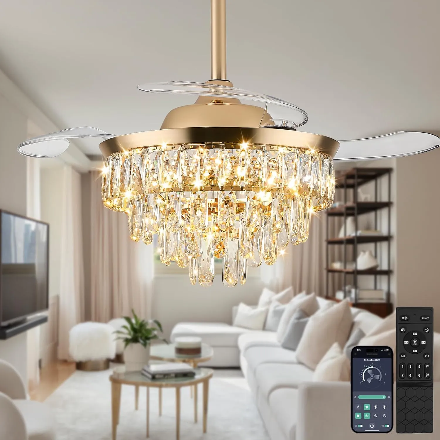 LEONTYNE 36 inch Modern Crystal Ceiling Fan with Lights and Remote LED Dimmable Fandelier Invisible Retractable Ceiling Fan 3 Blades 6 Speeds for Bedroom Living Room Dining Room(Gold) App-controlled remote fan for convenience