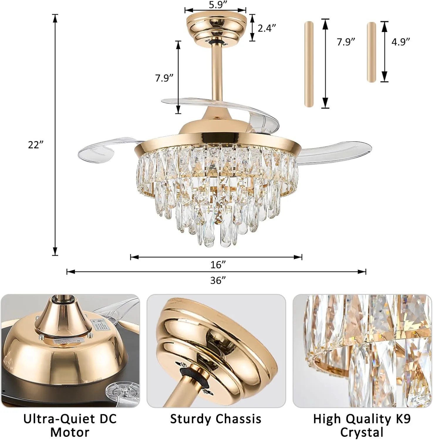 LEONTYNE 36 inch Modern Crystal Ceiling Fan with Lights and Remote LED Dimmable Fandelier Invisible Retractable Ceiling Fan 3 Blades 6 Speeds for Bedroom Living Room Dining Room(Gold)