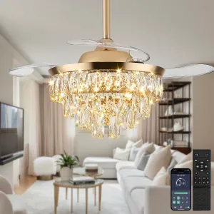 LEONTYNE 36 inch Modern Crystal Ceiling Fan with Lights and Remote LED Dimmable Fandelier Invisible Retractable Ceiling Fan 3 Blades 6 Speeds for Bedroom Living Room Dining Room(Gold) App-controlled remote fan for convenience