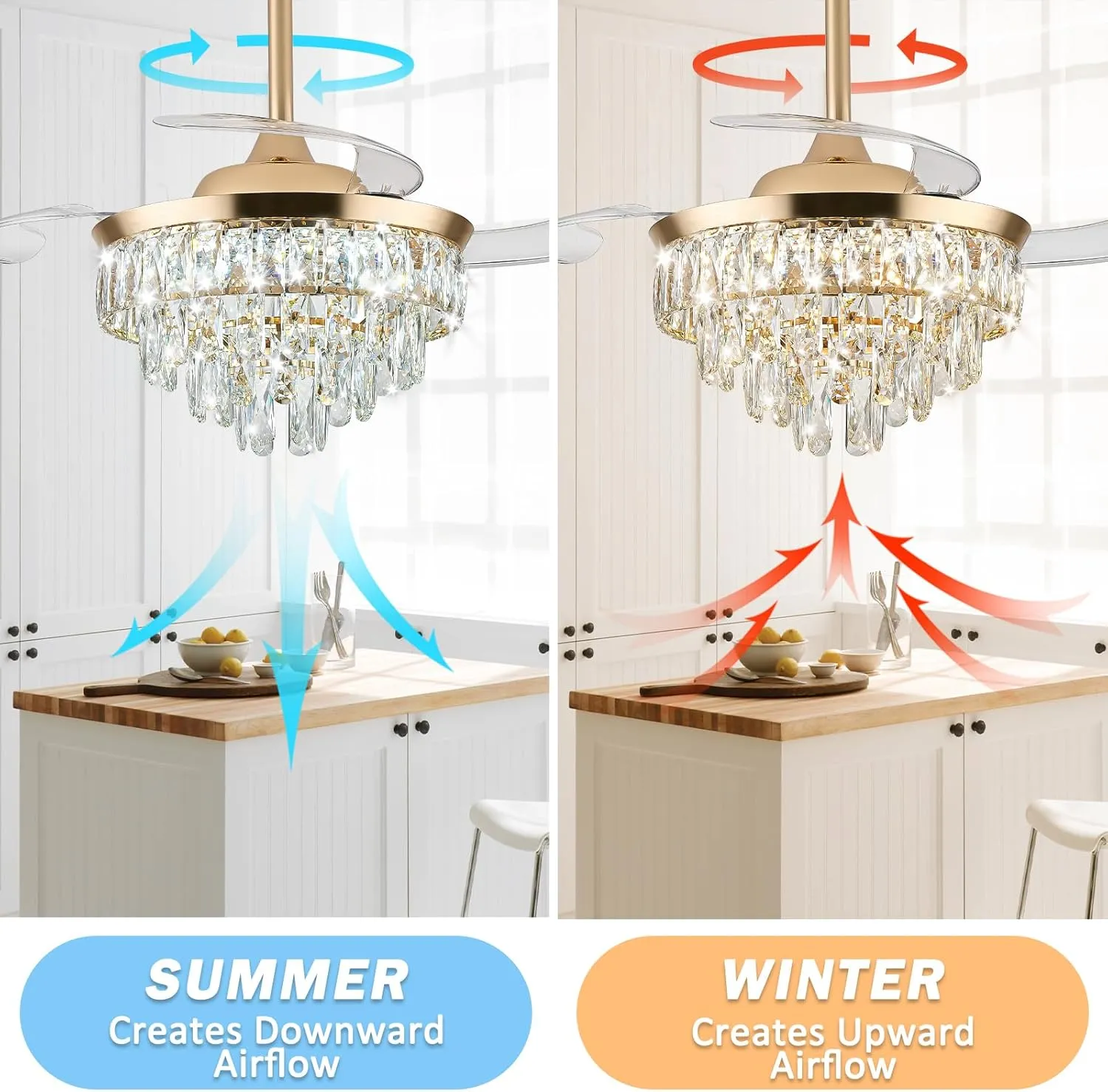 LEONTYNE 36 inch Modern Crystal Ceiling Fan with Lights and Remote LED Dimmable Fandelier Invisible Retractable Ceiling Fan 3 Blades 6 Speeds for Bedroom Living Room Dining Room(Gold)