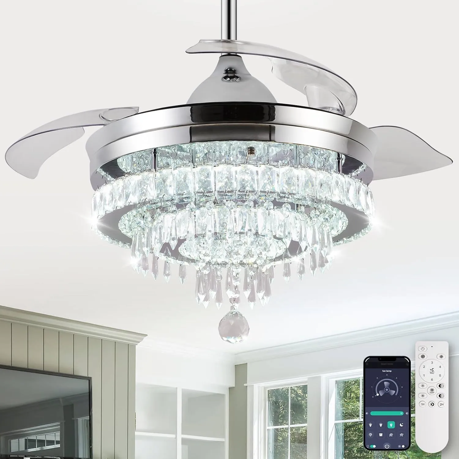 LEONTYNE 42 inch Dimmable Fandeliers Chandelier Ceiling Fan LED Crystal Ceiling Fan with Light and Remote 6 Speed 3 Blades Retractable Ceiling Fans for Bedroom Living Dining Room (APP & Timing) App-controlled remote fan for convenience