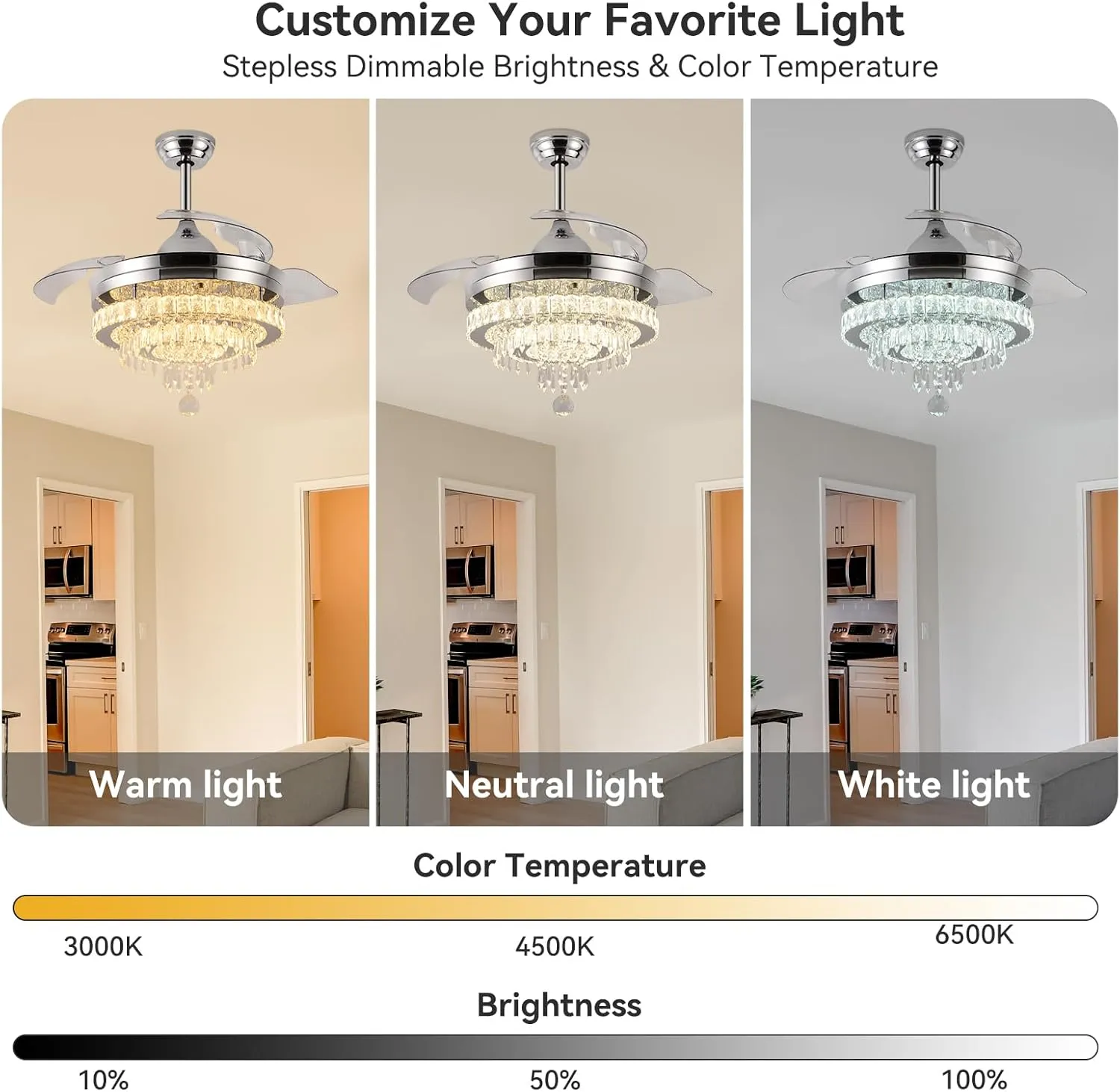 LEONTYNE 42 inch Dimmable Fandeliers Chandelier Ceiling Fan LED Crystal Ceiling Fan with Light and Remote 6 Speed 3 Blades Retractable Ceiling Fans for Bedroom Living Dining Room (APP & Timing)