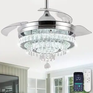 LEONTYNE 42 inch Dimmable Fandeliers Chandelier Ceiling Fan LED Crystal Ceiling Fan with Light and Remote 6 Speed 3 Blades Retractable Ceiling Fans for Bedroom Living Dining Room (APP & Timing) App-controlled remote fan for convenience