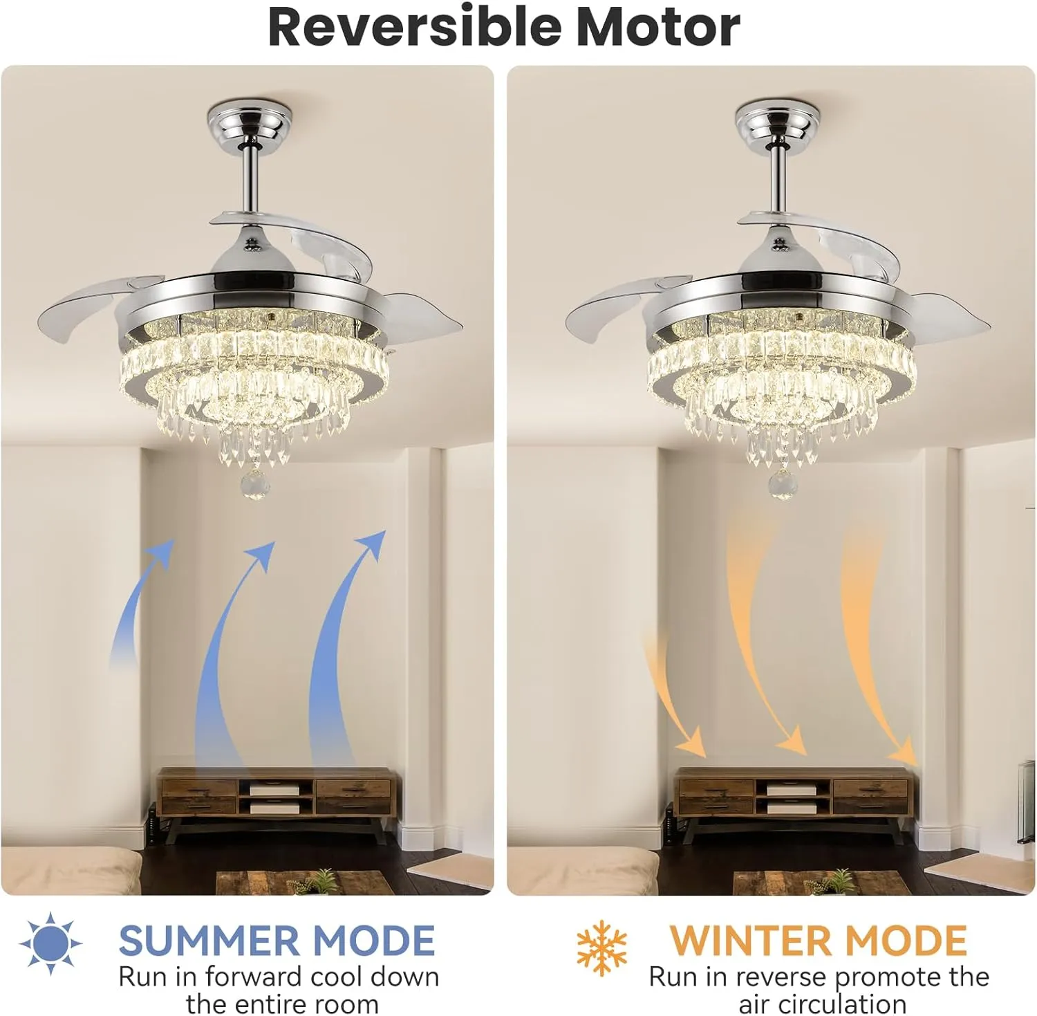 LEONTYNE 42 inch Dimmable Fandeliers Chandelier Ceiling Fan LED Crystal Ceiling Fan with Light and Remote 6 Speed 3 Blades Retractable Ceiling Fans for Bedroom Living Dining Room (APP & Timing)