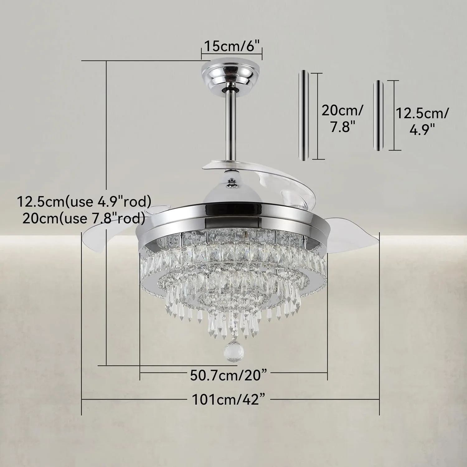 LEONTYNE 42 inch Dimmable Fandeliers Chandelier Ceiling Fan LED Crystal Ceiling Fan with Light and Remote 6 Speed 3 Blades Retractable Ceiling Fans for Bedroom Living Dining Room (APP & Timing)