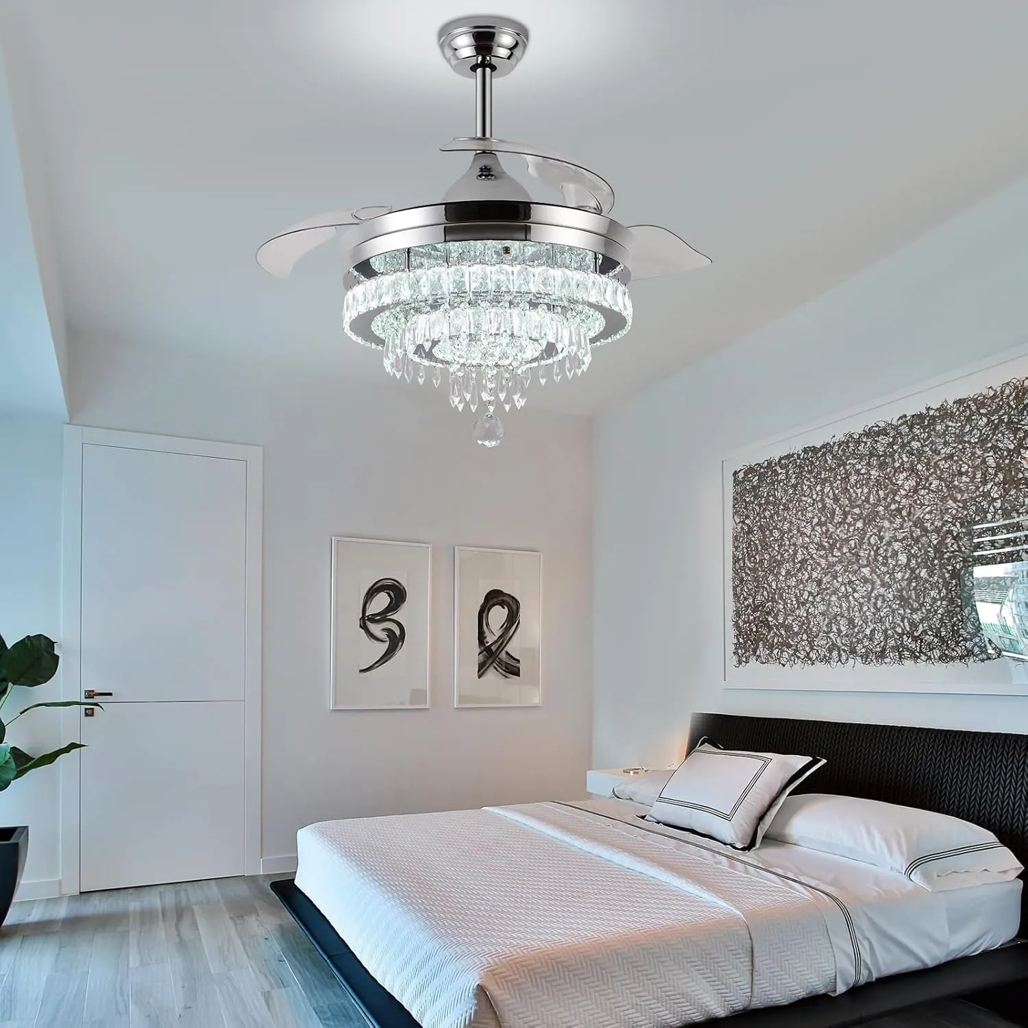 LEONTYNE 42 inch Dimmable Fandeliers Chandelier Ceiling Fan LED Crystal Ceiling Fan with Light and Remote 6 Speed 3 Blades Retractable Ceiling Fans for Bedroom Living Dining Room (APP & Timing)