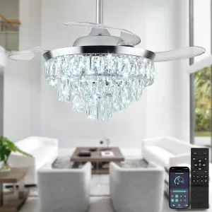 LEONTYNE Retractable Chandelier Ceiling Fan with Lights-36 Inch,Dimmable LED (3 Colors),6 Speeds, Chrome Crystal Chandelier with Fan for Bedroom Living Room,Reversible DC Motor App-controlled remote fan for convenience