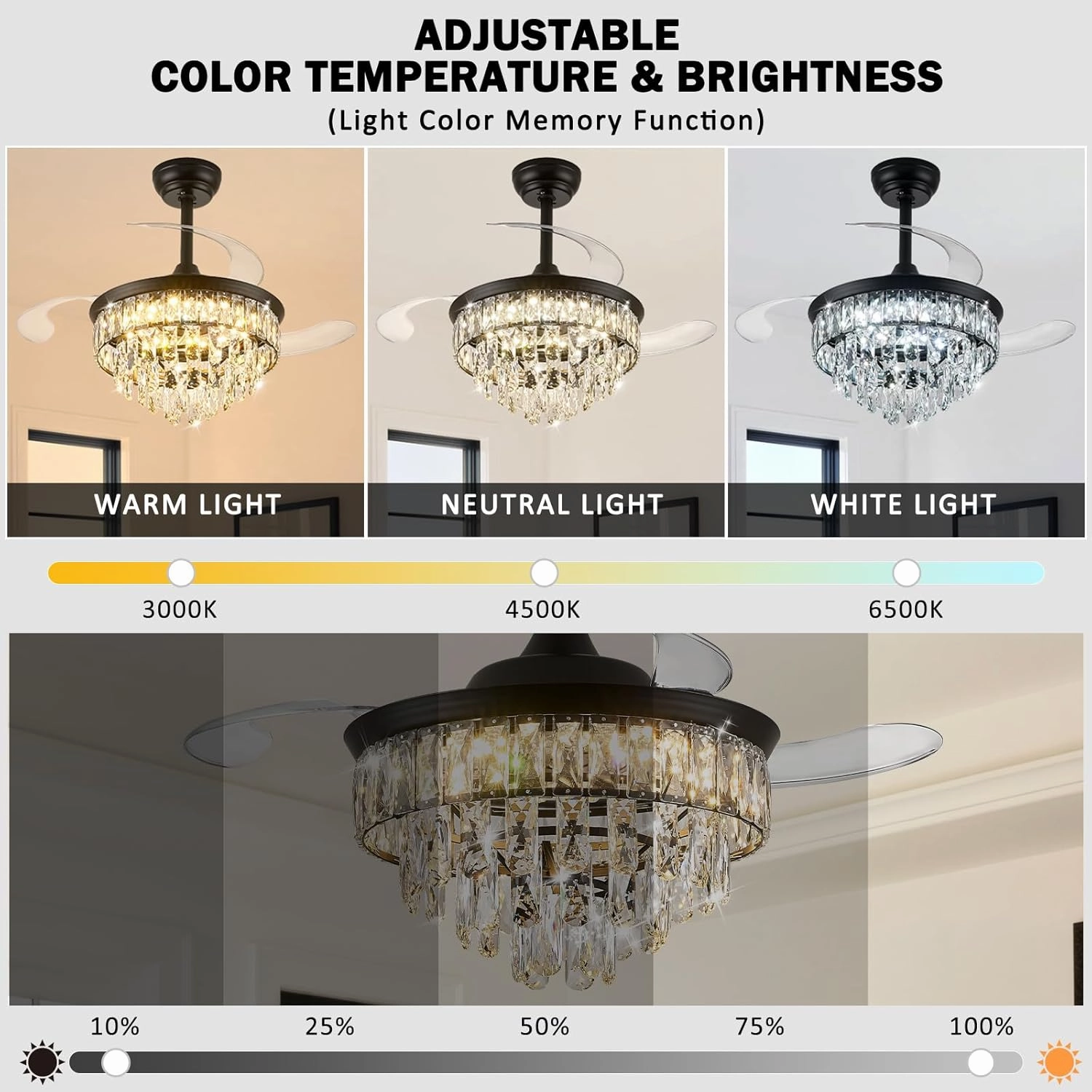 LEONTYNE 36 inch Fandelier Ceiling Fan with Light and Remote LED Dimmable Crystal Ceiling Fan 3 Blades 6 Speeds Invisible Retractable Ceiling Fan for Bedroom Living Room Dining Room (Black)