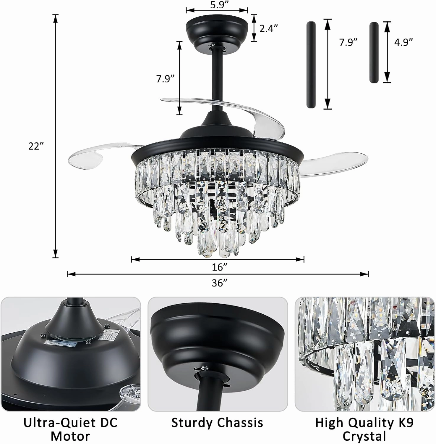 LEONTYNE 36 inch Fandelier Ceiling Fan with Light and Remote LED Dimmable Crystal Ceiling Fan 3 Blades 6 Speeds Invisible Retractable Ceiling Fan for Bedroom Living Room Dining Room (Black)