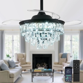 LEONTYNE 36 inch Fandelier Ceiling Fan with Light and Remote LED Dimmable Crystal Ceiling Fan 3 Blades 6 Speeds Invisible Retractable Ceiling Fan for Bedroom Living Room Dining Room (Black) App-controlled remote fan for convenience