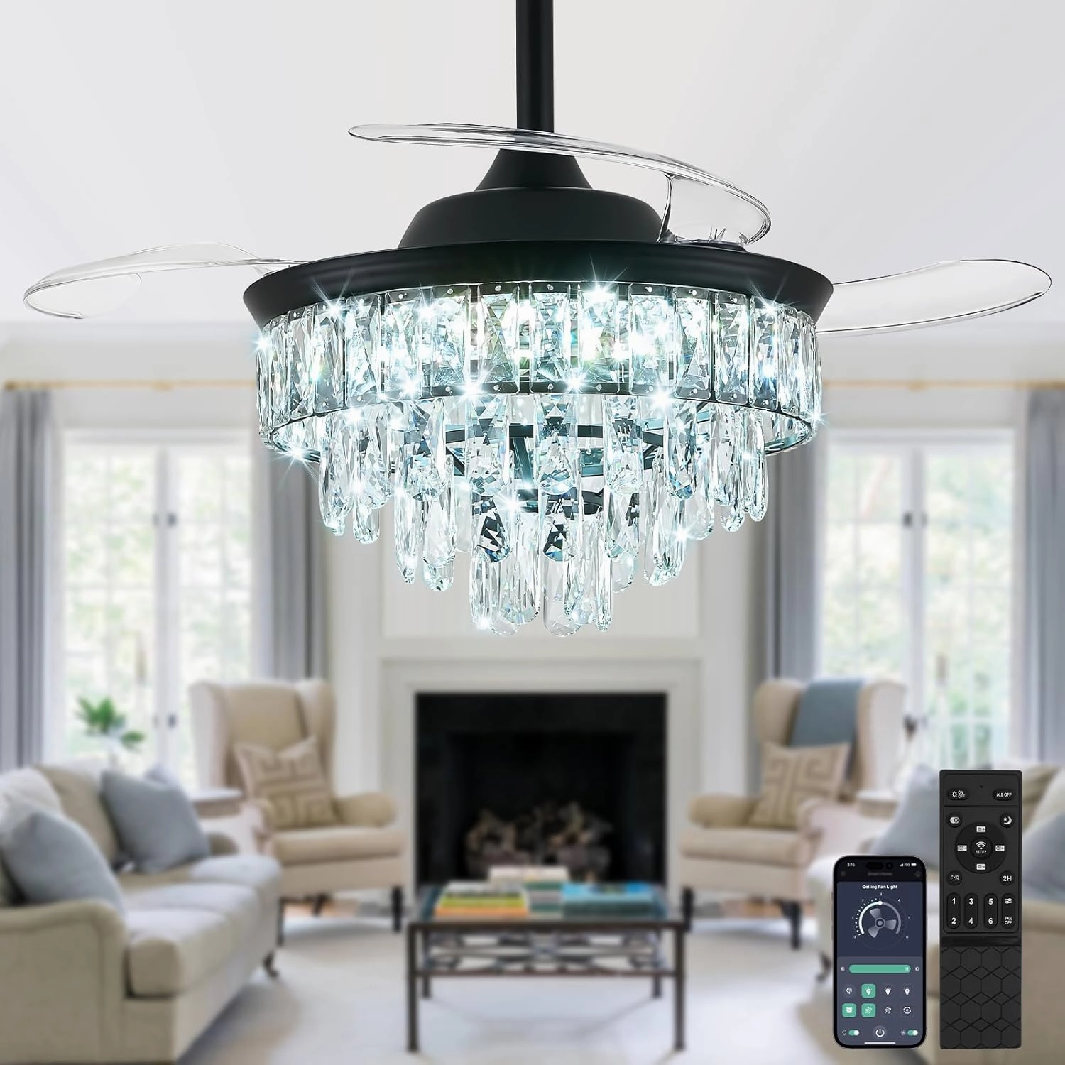 LEONTYNE 36 inch Fandelier Ceiling Fan with Light and Remote LED Dimmable Crystal Ceiling Fan 3 Blades 6 Speeds Invisible Retractable Ceiling Fan for Bedroom Living Room Dining Room (Black) App-controlled remote fan for convenience
