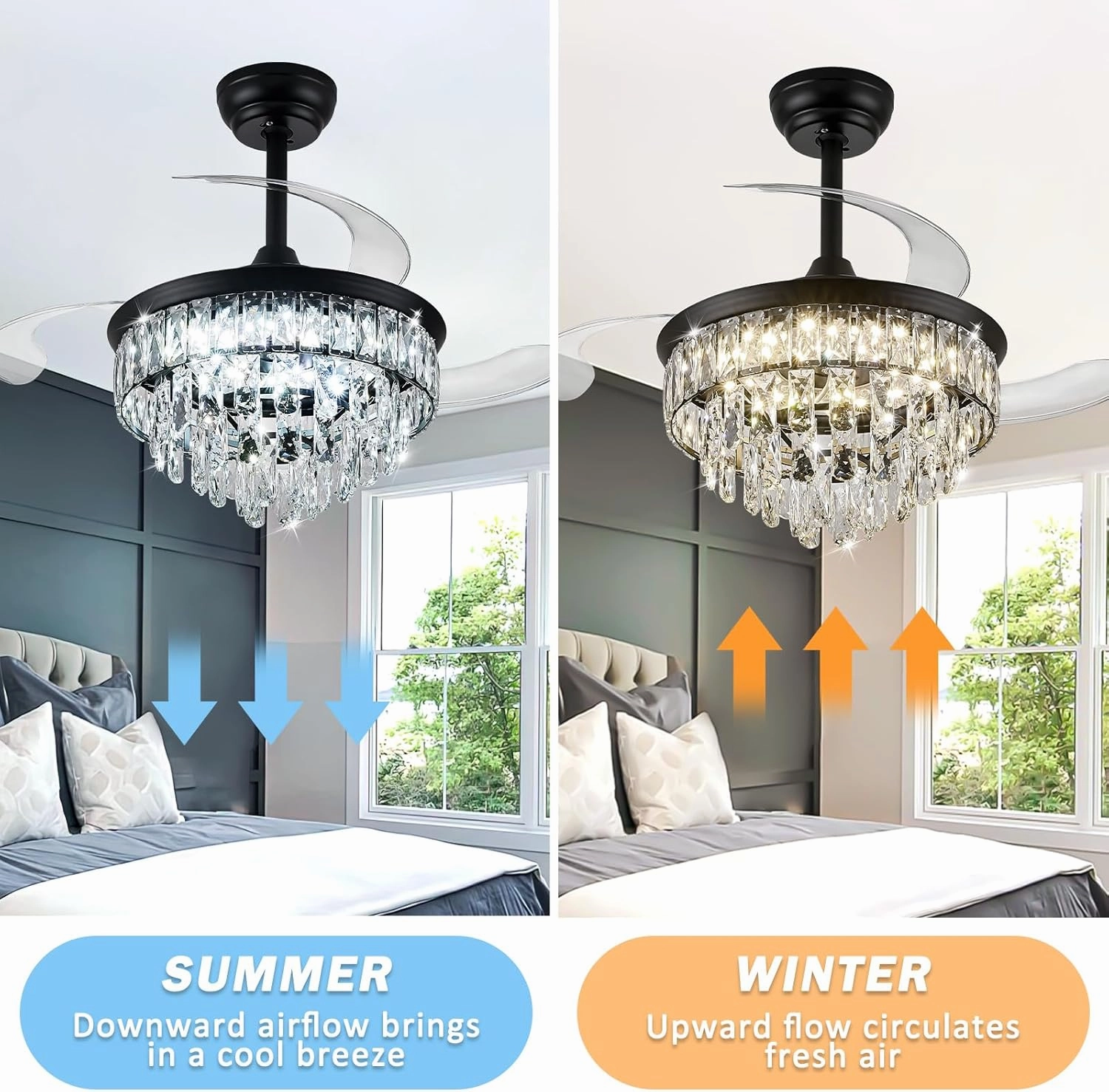 LEONTYNE 36 inch Fandelier Ceiling Fan with Light and Remote LED Dimmable Crystal Ceiling Fan 3 Blades 6 Speeds Invisible Retractable Ceiling Fan for Bedroom Living Room Dining Room (Black)