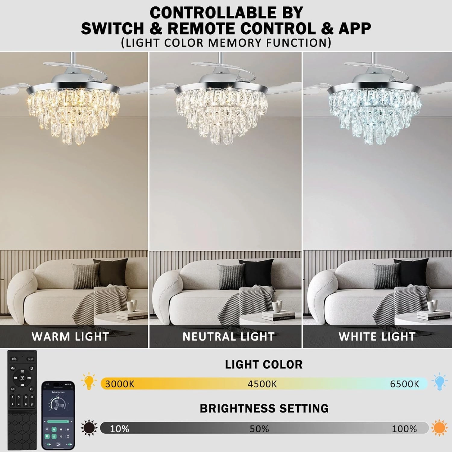 LEONTYNE Retractable Chandelier Ceiling Fan with Lights-36 Inch,Dimmable LED (3 Colors),6 Speeds, Chrome Crystal Chandelier with Fan for Bedroom Living Room,Reversible DC Motor