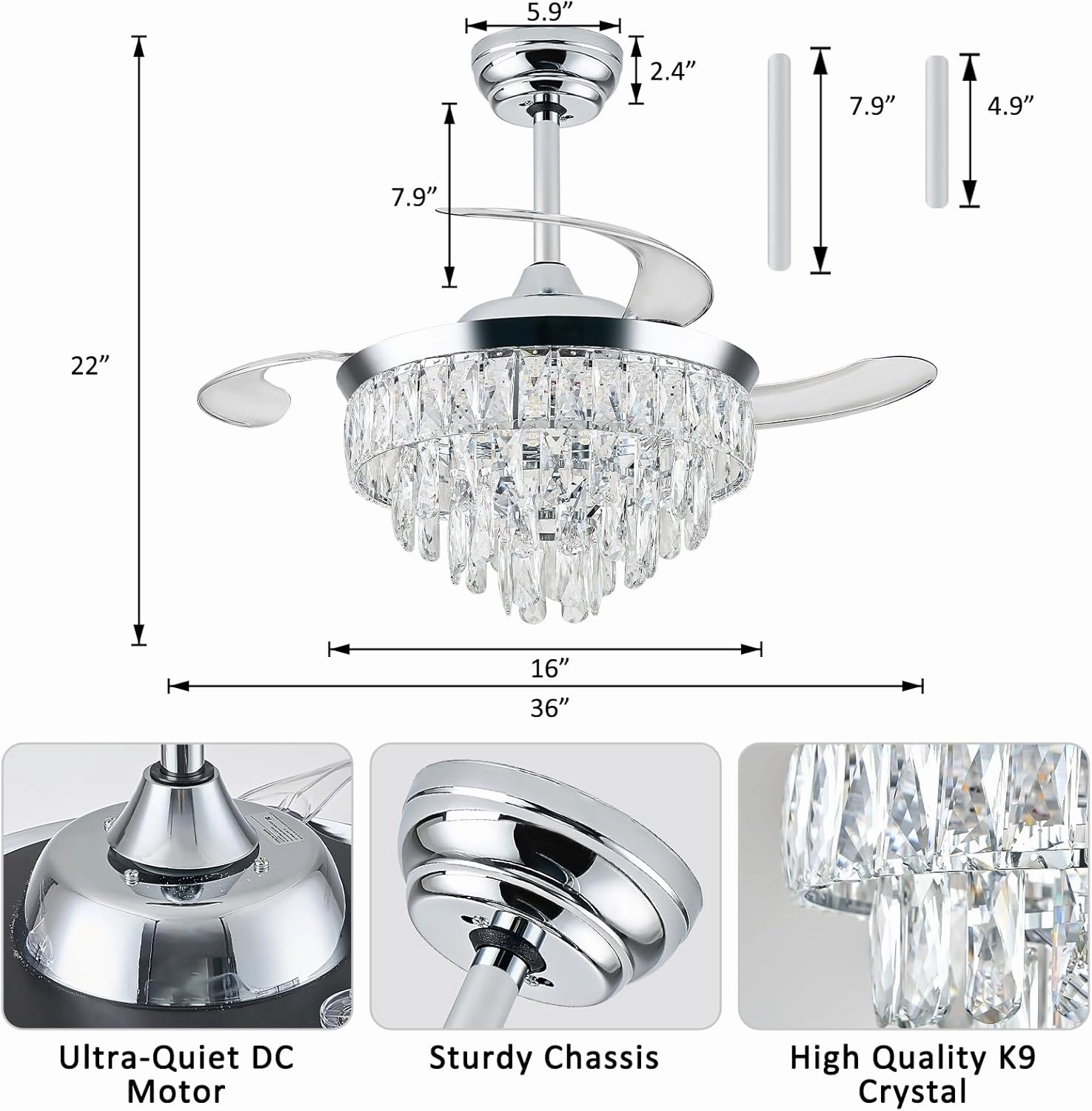 LEONTYNE Retractable Chandelier Ceiling Fan with Lights-36 Inch,Dimmable LED (3 Colors),6 Speeds, Chrome Crystal Chandelier with Fan for Bedroom Living Room,Reversible DC Motor