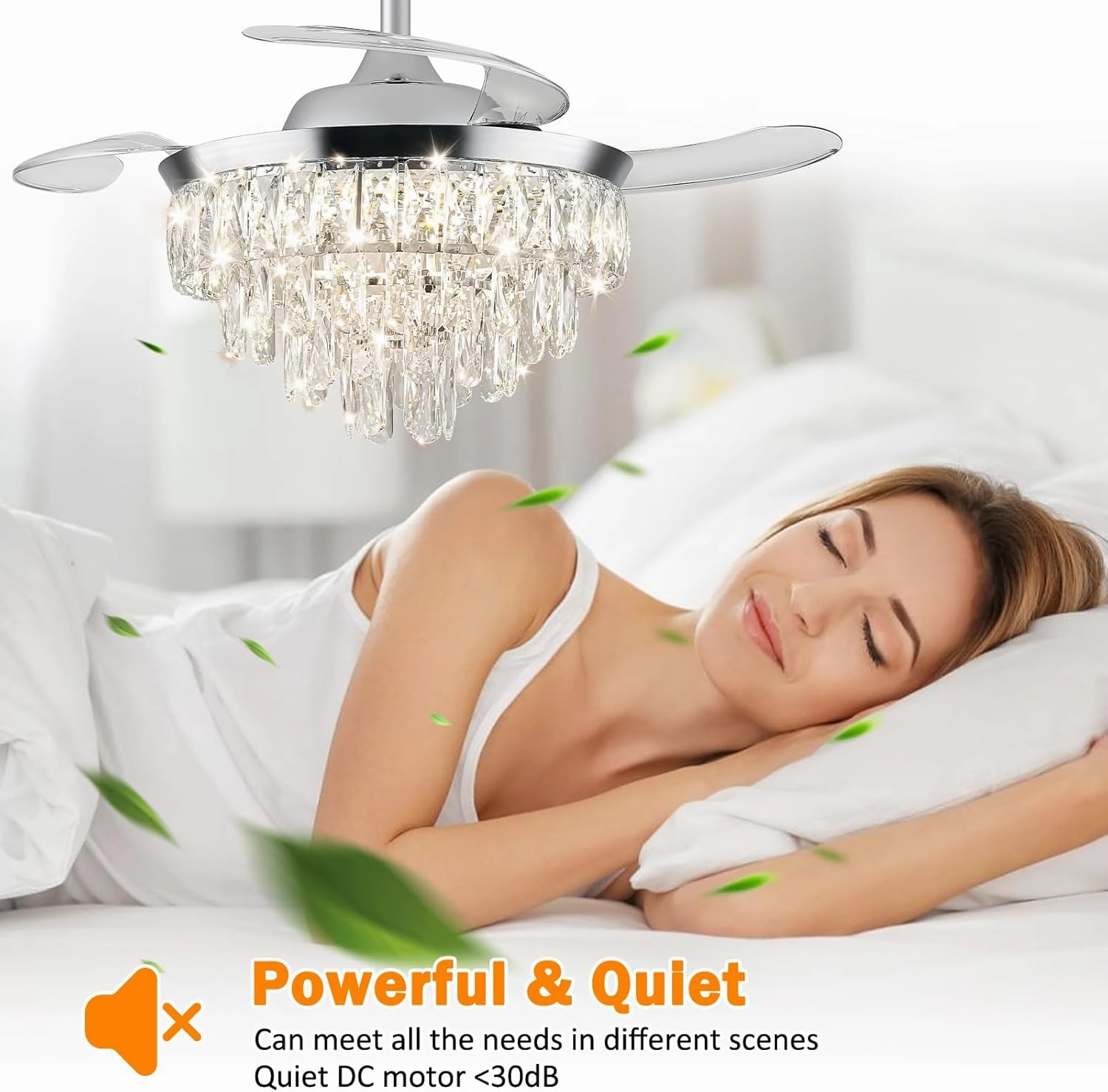 LEONTYNE Retractable Chandelier Ceiling Fan with Lights-36 Inch,Dimmable LED (3 Colors),6 Speeds, Chrome Crystal Chandelier with Fan for Bedroom Living Room,Reversible DC Motor