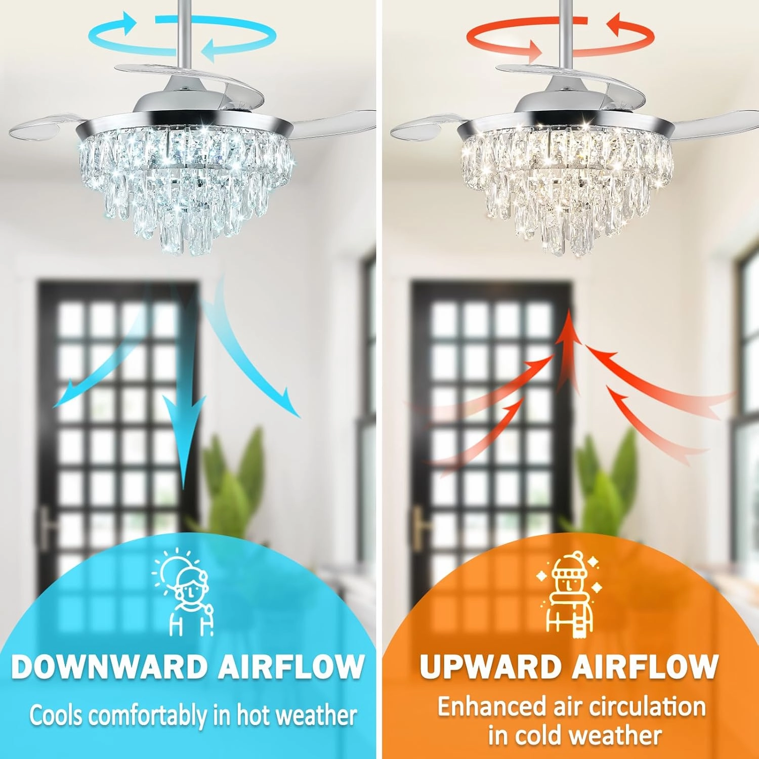 LEONTYNE Retractable Chandelier Ceiling Fan with Lights-36 Inch,Dimmable LED (3 Colors),6 Speeds, Chrome Crystal Chandelier with Fan for Bedroom Living Room,Reversible DC Motor