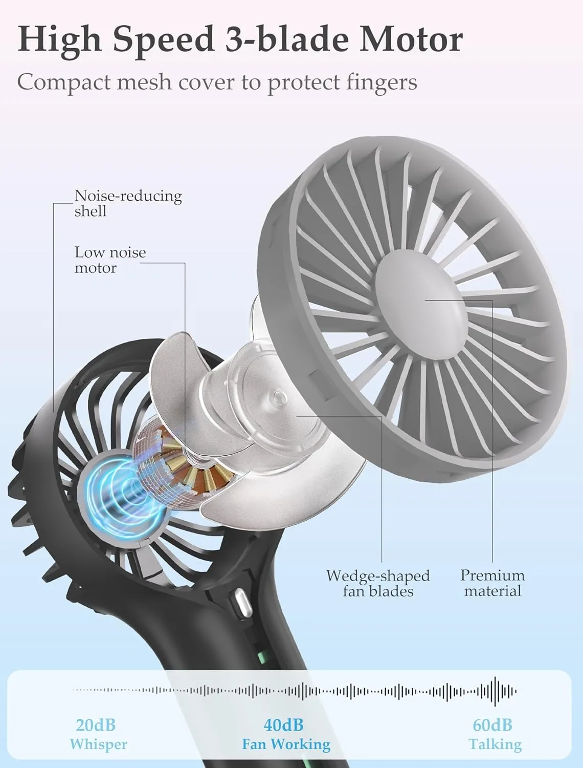 Lerat Mini Personal Fan Handheld, Small Portable Handheld Fan, Battery Operated, USB Rechargeable Face Makeup Lashes Desk Fan with Base, for Kids, Girls, Women, Men, Indoor (Black)