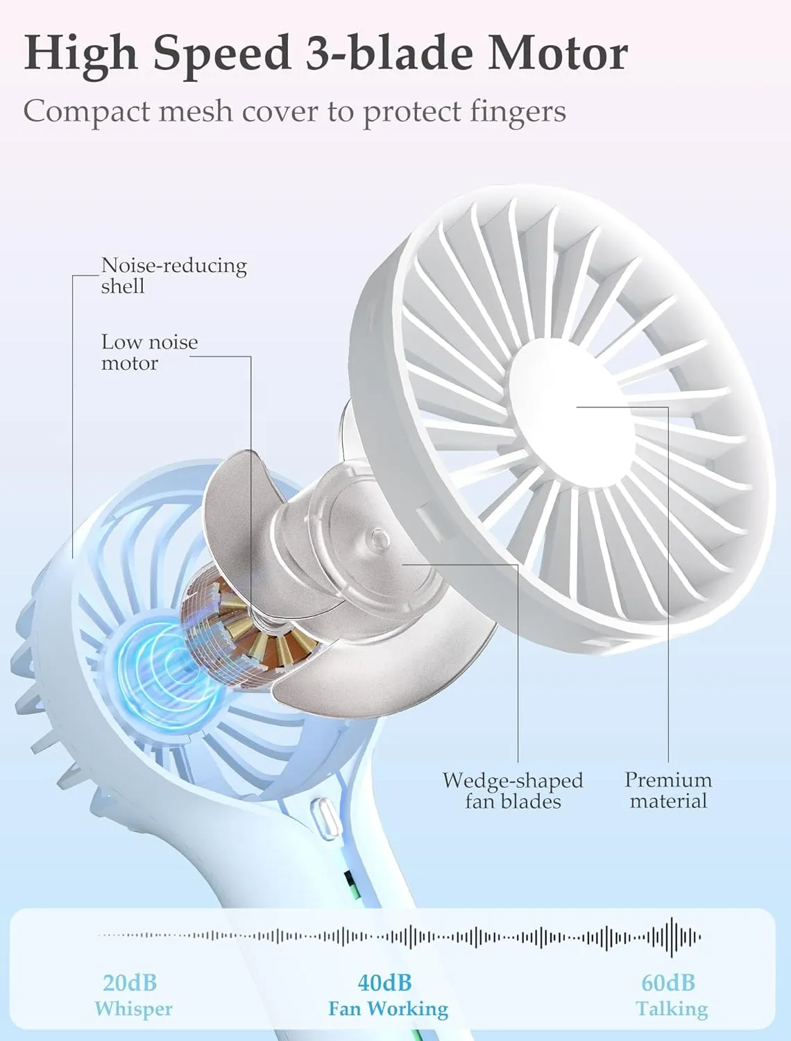 Lerat Mini Personal Fan Handheld, Small Portable Handheld Fan, Battery Operated, USB Rechargeable Face Makeup Lashes Desk Fan with Base, for Kids, Girls, Women, Men, Indoor (Clear Blue)