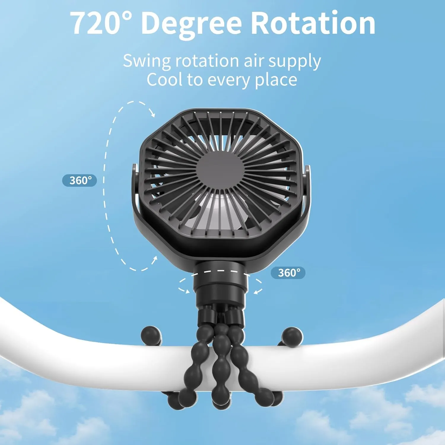 Lerat Portable Stroller Fan With Flexible Tripod, 3 Speeds Rechargeable Handheld Personal Fan, 360 Rotate Battery Operated Clip On Fans for Car Seat Crib Bike Treadmill Black
