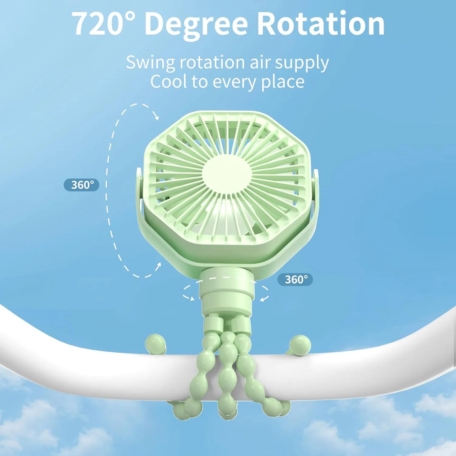 Lerat Portable Stroller Fan With Flexible Tripod, 3 Speeds Rechargeable Handheld Personal Fan, 360 Rotate Battery Operated Clip On Fans for Car Seat Crib Bike Treadmill Green
