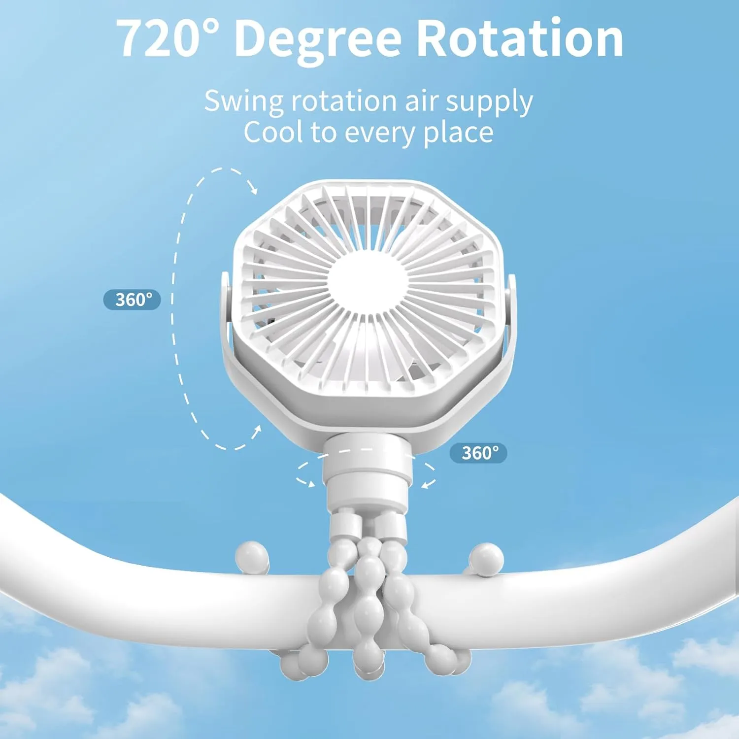 Lerat Portable Stroller Fan With Flexible Tripod, 3 Speeds Rechargeable Handheld Personal Fan, 360 Rotate Battery Operated Clip On Fans for Car Seat Crib Bike Treadmill White
