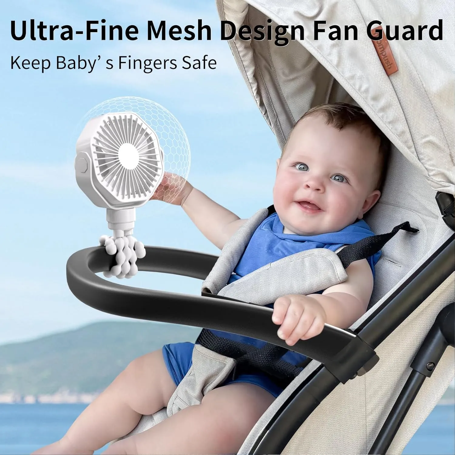 Lerat Portable Stroller Fan With Flexible Tripod, 3 Speeds Rechargeable Handheld Personal Fan, 360 Rotate Battery Operated Clip On Fans for Car Seat Crib Bike Treadmill White