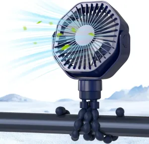 Lerat Portable Stroller Fan with Flexible Tripod, 3 Speeds Rechargeable Handheld Personal Fan, 360Rotate Battery Operated Clip for Car Seat Crib Bike Treadmill Blue 360-degree rotating fan for home use
