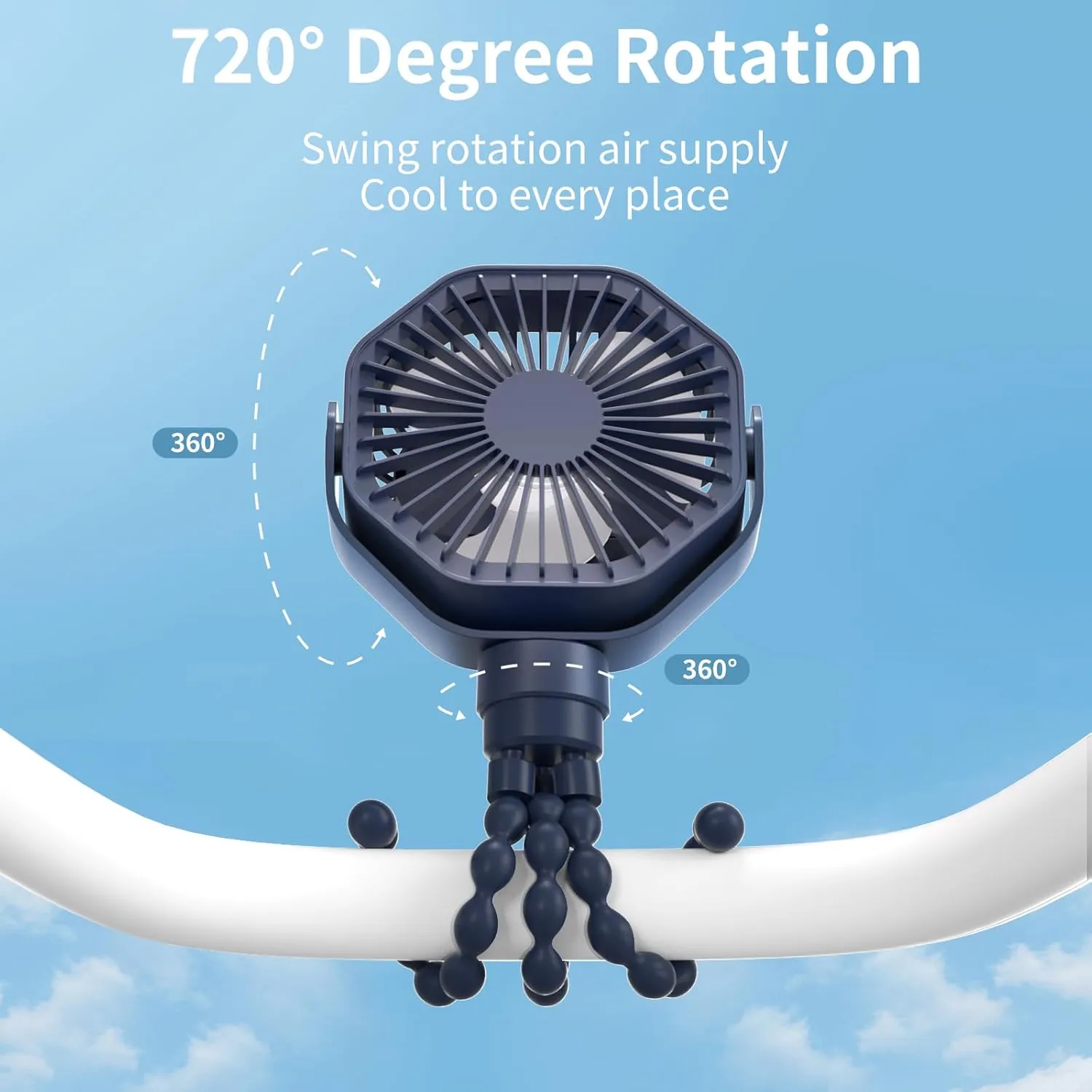 Lerat Portable Stroller Fan with Flexible Tripod, 3 Speeds Rechargeable Handheld Personal Fan, 360Rotate Battery Operated Clip for Car Seat Crib Bike Treadmill Blue