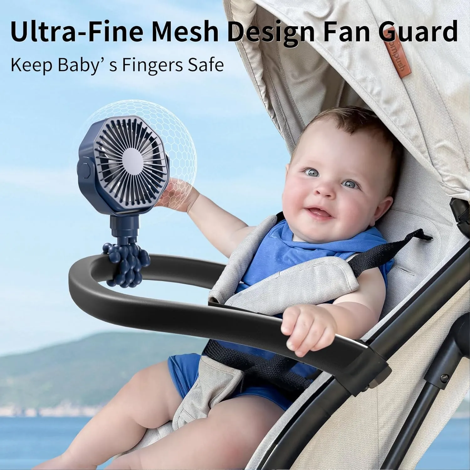 Lerat Portable Stroller Fan with Flexible Tripod, 3 Speeds Rechargeable Handheld Personal Fan, 360Rotate Battery Operated Clip for Car Seat Crib Bike Treadmill Blue