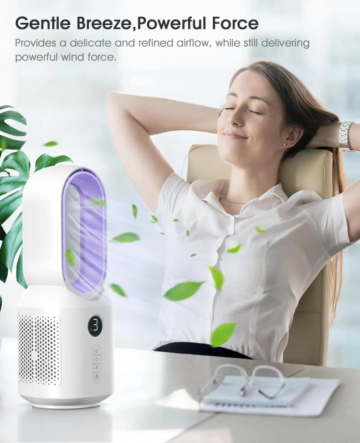 let'me Desk Fan, 106 Oscillating Fan for Indoors,Bladeless with 3 Speeds, Small Office Fan with LED Light,