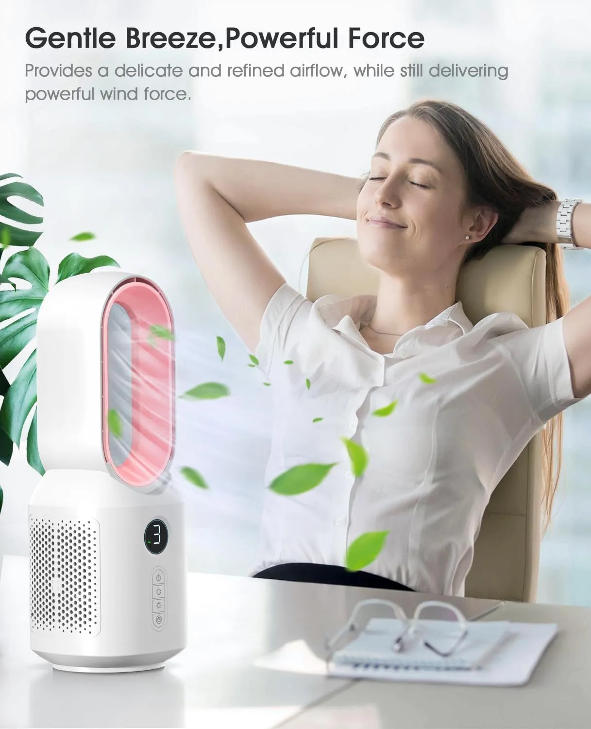 let'me Desk Fan, 106 Oscillating Fan for Indoors,Bladeless with 3 Speeds, Small Office Fan with LED Light