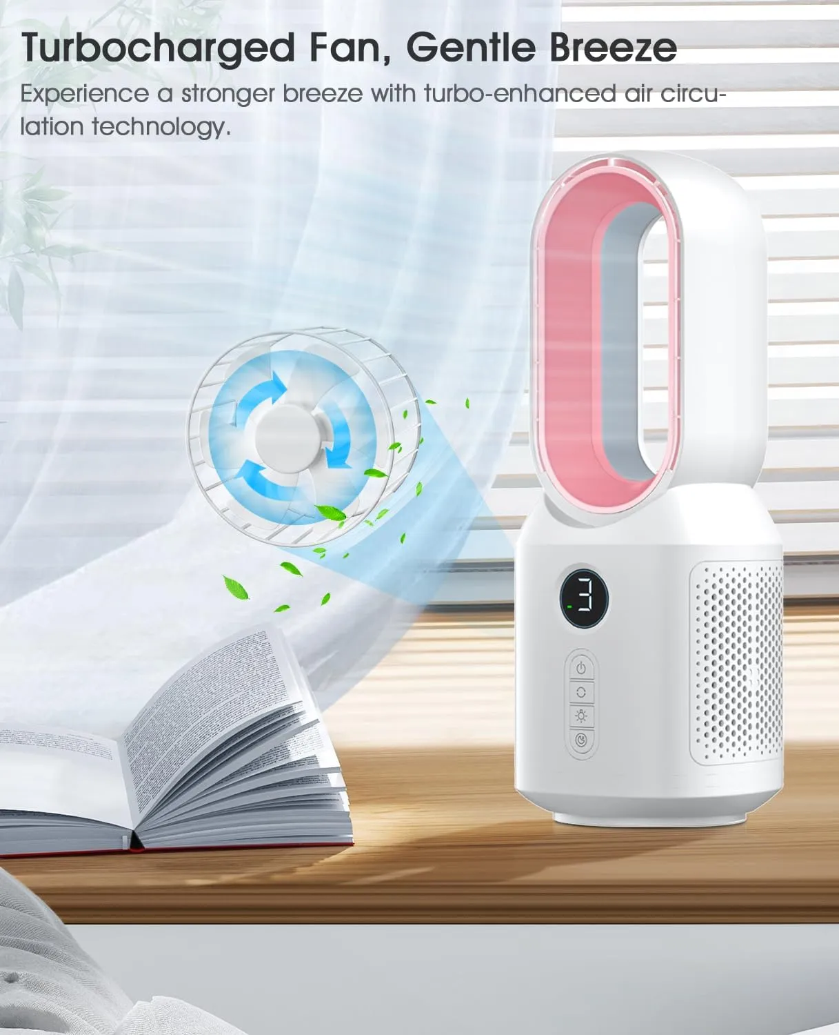 let'me Desk Fan, 106 Oscillating Fan for Indoors,Bladeless with 3 Speeds, Small Office Fan with LED Light