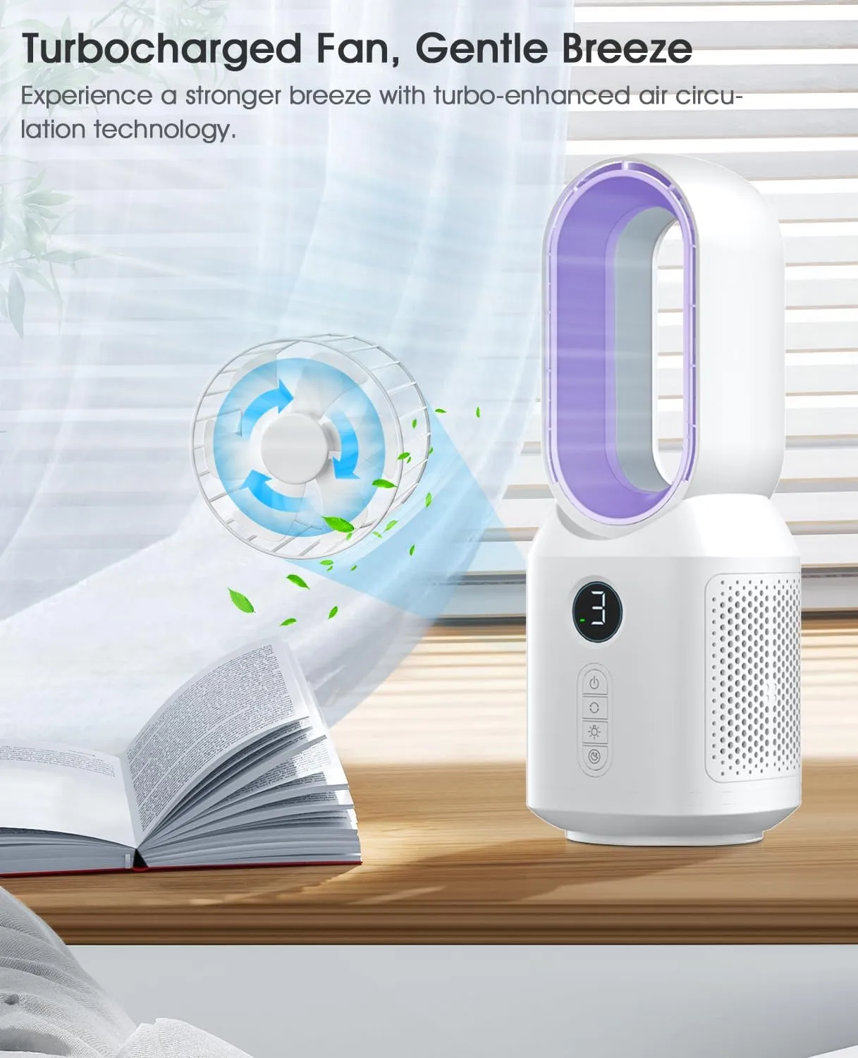 let'me Desk Fan, 106 Oscillating Fan for Indoors,Bladeless with 3 Speeds, Small Office Fan with LED Light,