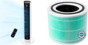 LEVOIT Tower Fan for Bedroom, 25ft/s Velocity 28dB Cooling Fan with Remote, Bladeless and 90 Oscillating & Core 300 Air Purifier Toxin Absorber Replacement Filter, 3-in-1 HEPA, High-Efficiency Tower bladeless fan for modern homes