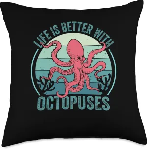 Life is Better with Octopuses Retro Tentacles Sea Octopus Throw Pillow, 18x18, Multicolor Octopus-shaped decorative fan
