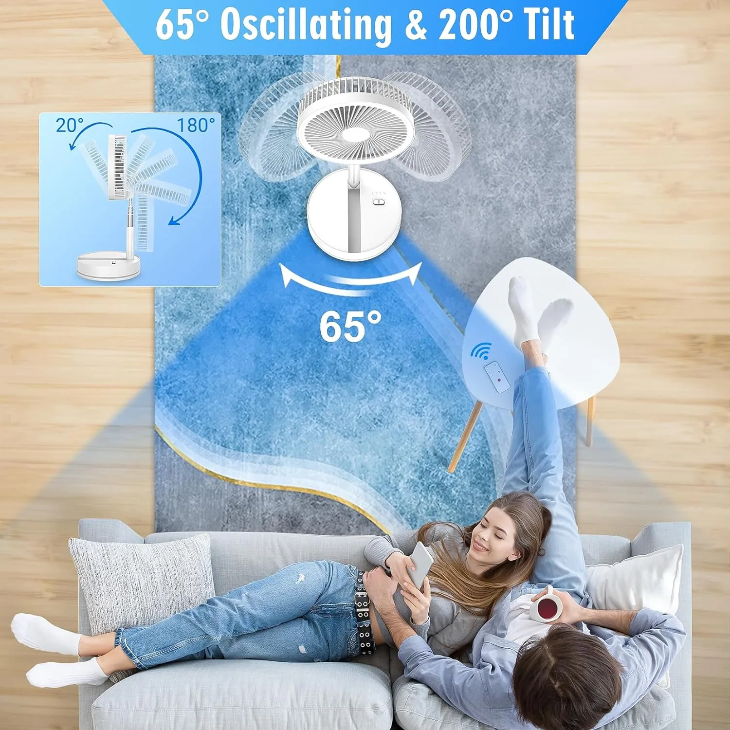 LIPETY 9" Portable Oscillating Standing Fan - 7200mAh Rechargeable Battery Foldable Desk Travel Camping Pedestal Fan, Stand Up Tall Floor Fan for Sleeping Bedroom Home